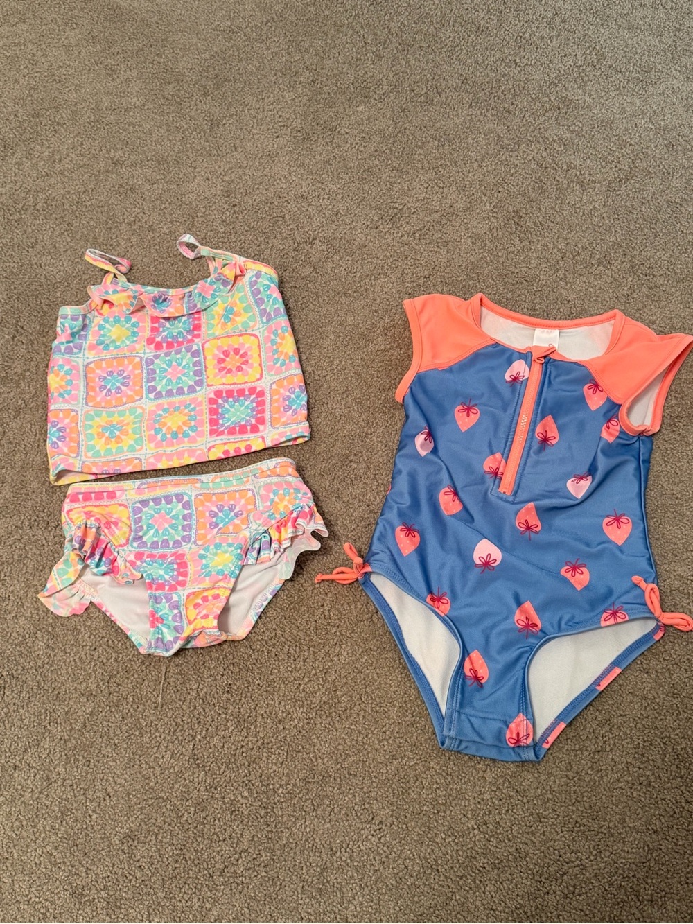Girls Two-Piece Colorful Tile Print Bikini + Blue Strawberry One-Piece Swimsuit